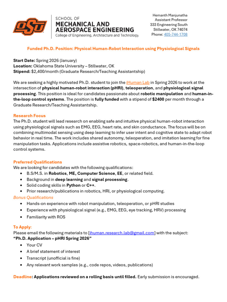 PHD Position at OSU Spring 2026-1 | PDF | Robotics | Doctor Of Philosophy