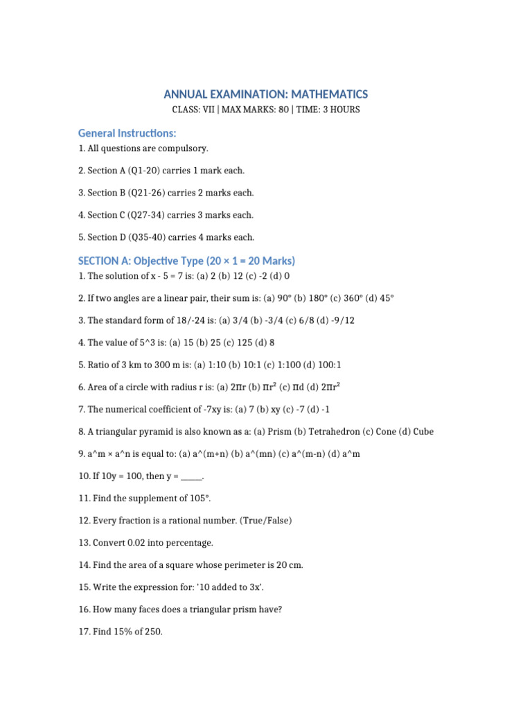 Class 7 Mathematics Annual Examination | PDF | Area | Tetrahedron