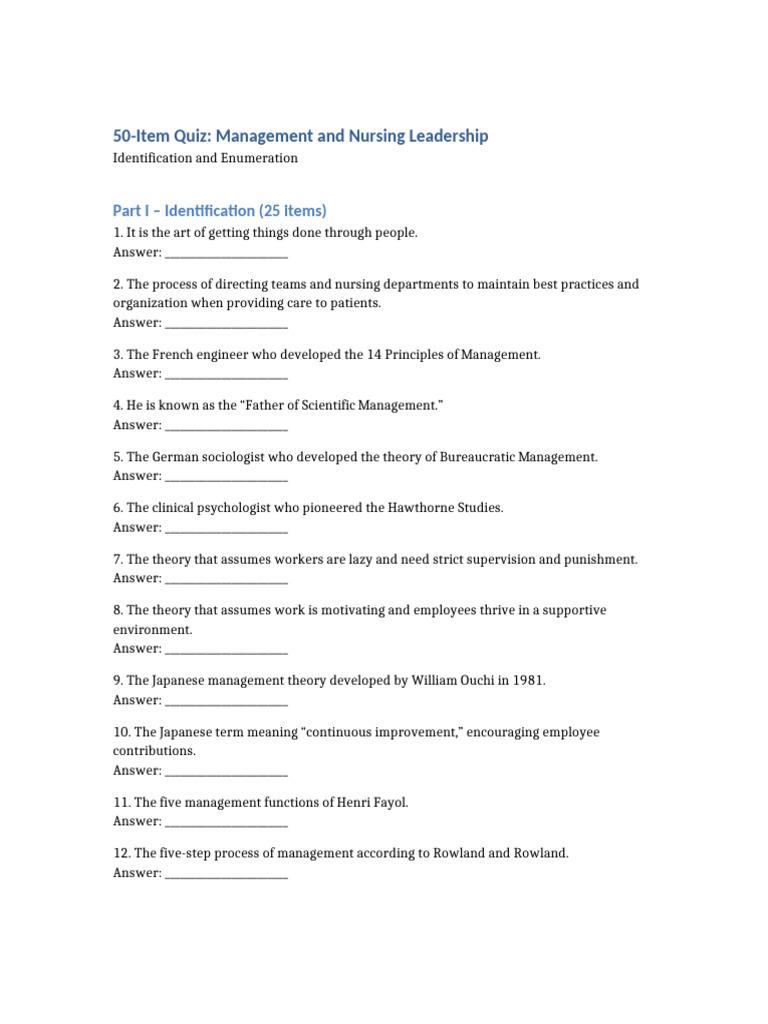 Management Nursing Quiz | PDF | Applied Psychology | Organizational ...