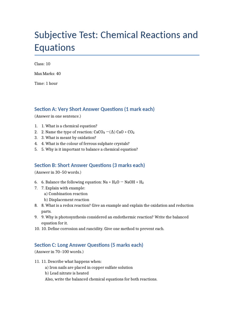 Subjective Test Chemical Reactions Class10 Updated | PDF