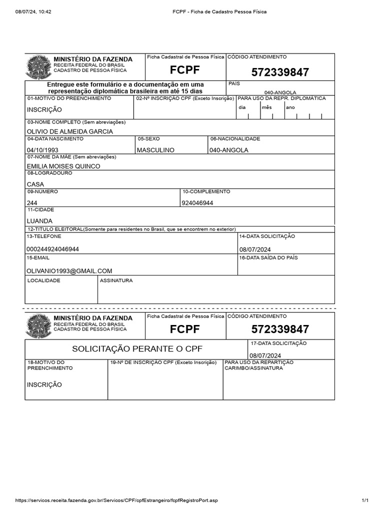 FCPF - Ficha de Cadastro Pessoa Física | PDF | Brasil