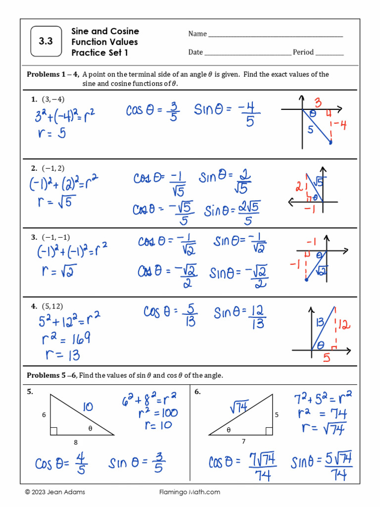 Practice 3.3-Sine Cosine Function Values Key | PDF | Elementary ...