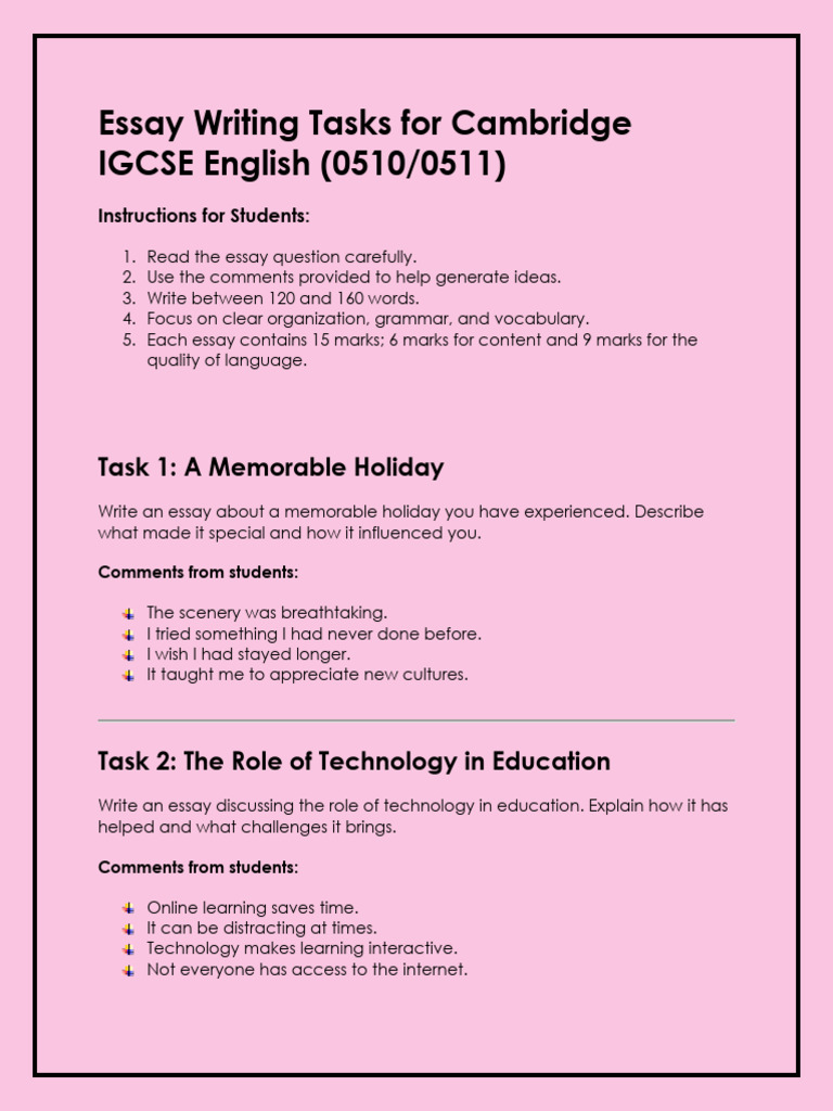Essay Writing Tasks For Cambridge IGCSE English 0510 | PDF | Homework ...