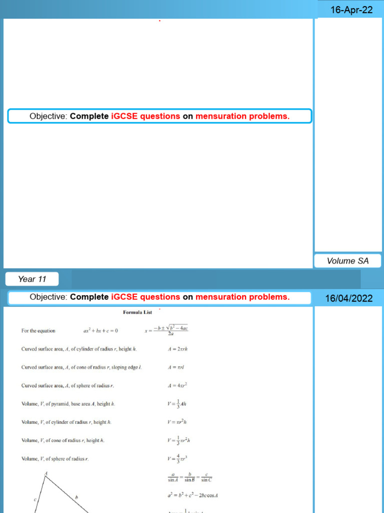 Year 11 - Mensuration iGCSE Questions | PDF