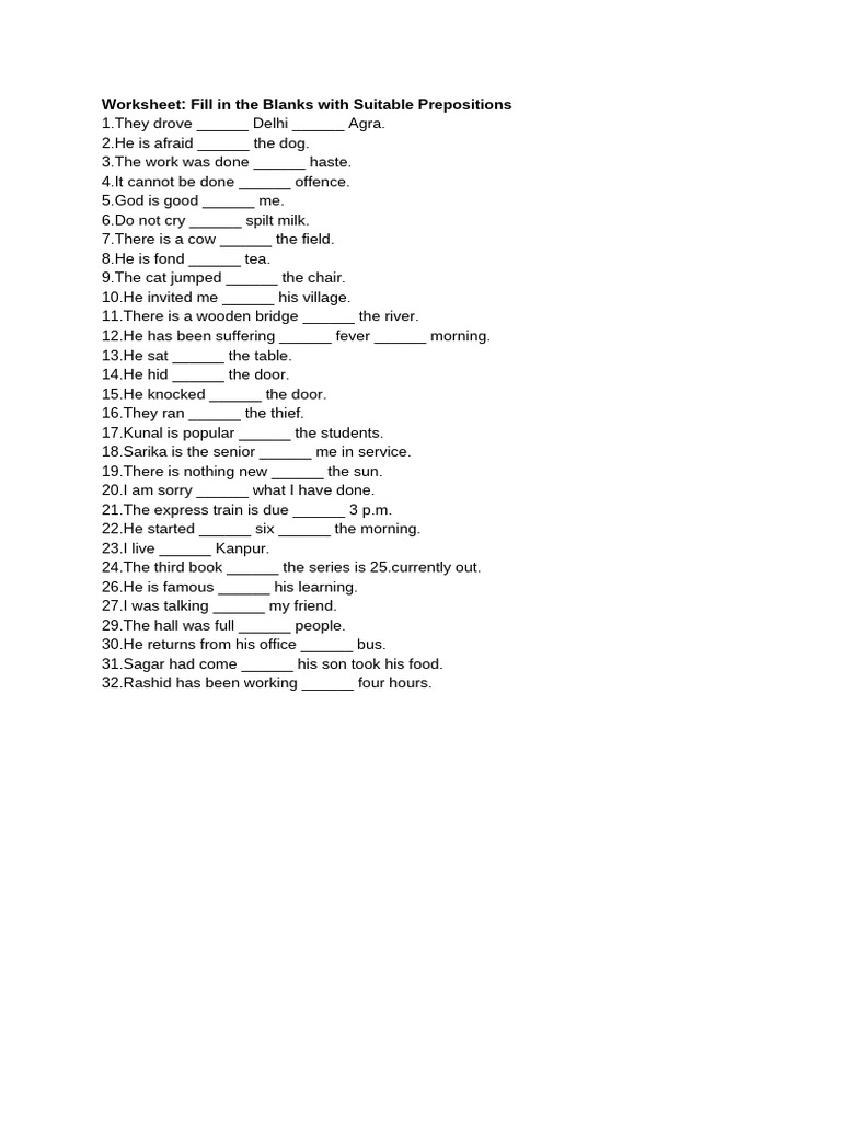 Worksheet of Prepositions | PDF