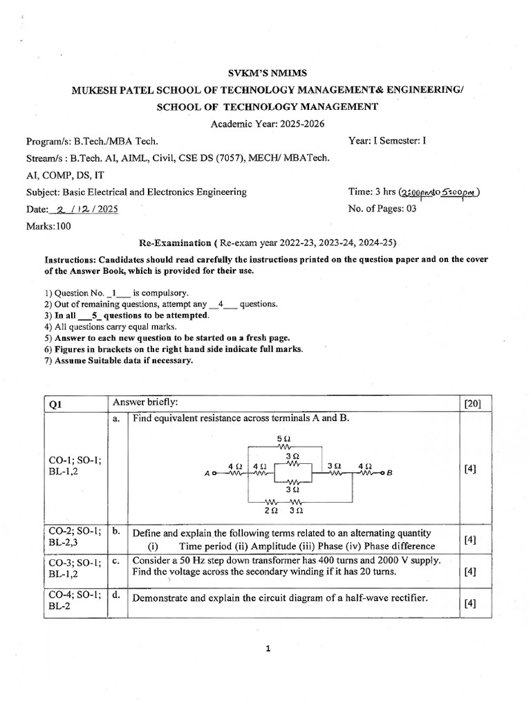 Beee QP 2025 - 26 Odd Reexam | PDF