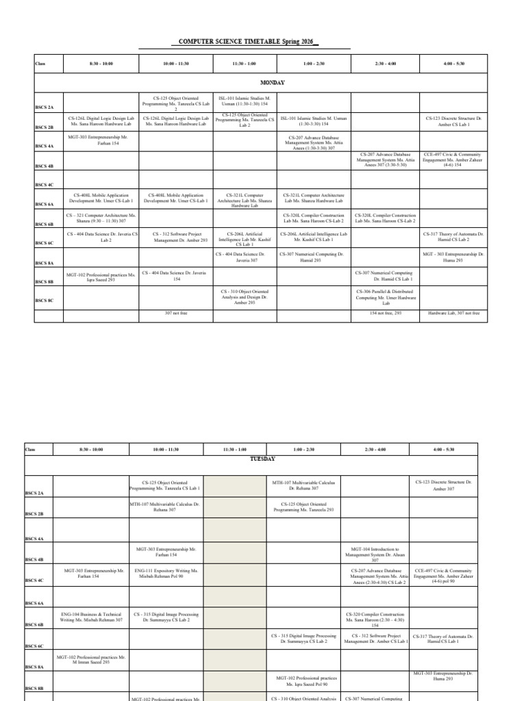 CS Time Table Spring 26 v4 | PDF | Computer Science | Computing