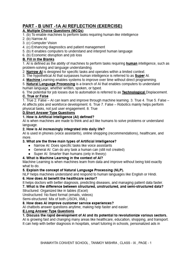 Part - B Unit - 1a Ai Reflection Class Ix | PDF | Artificial ...