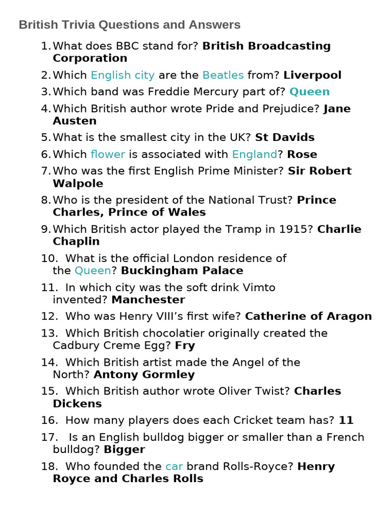 Britain Trivia Questions | PDF | United Kingdom | England