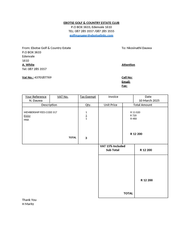 Ebotse Golf Invoice | PDF