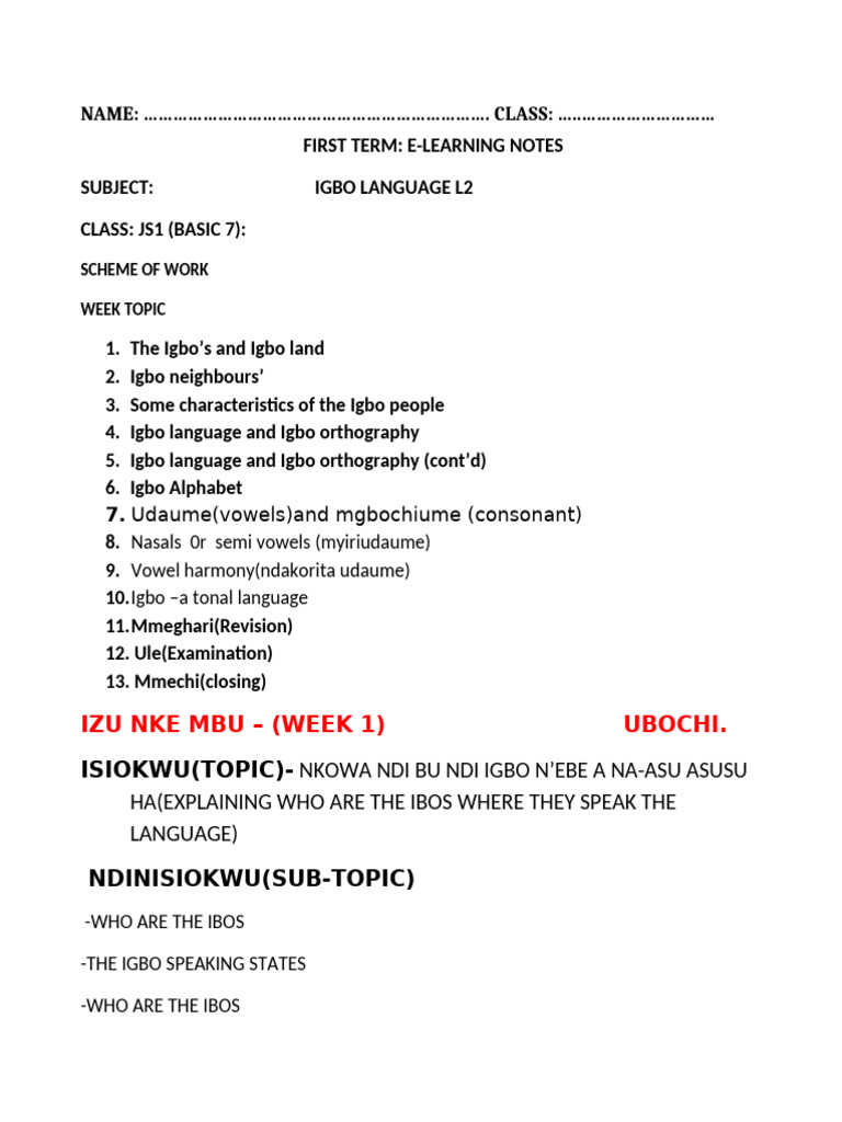 New JS1 Igbo L2 1ST Term E-Notes | PDF | Tone (Linguistics) | Igbo People