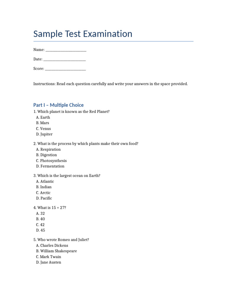 Sample Test Exam | PDF