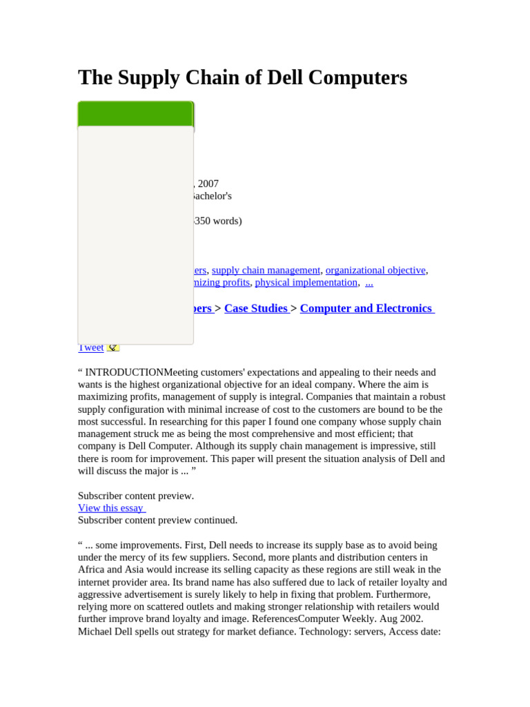 The Supply Chain of Dell Computers | PDF
