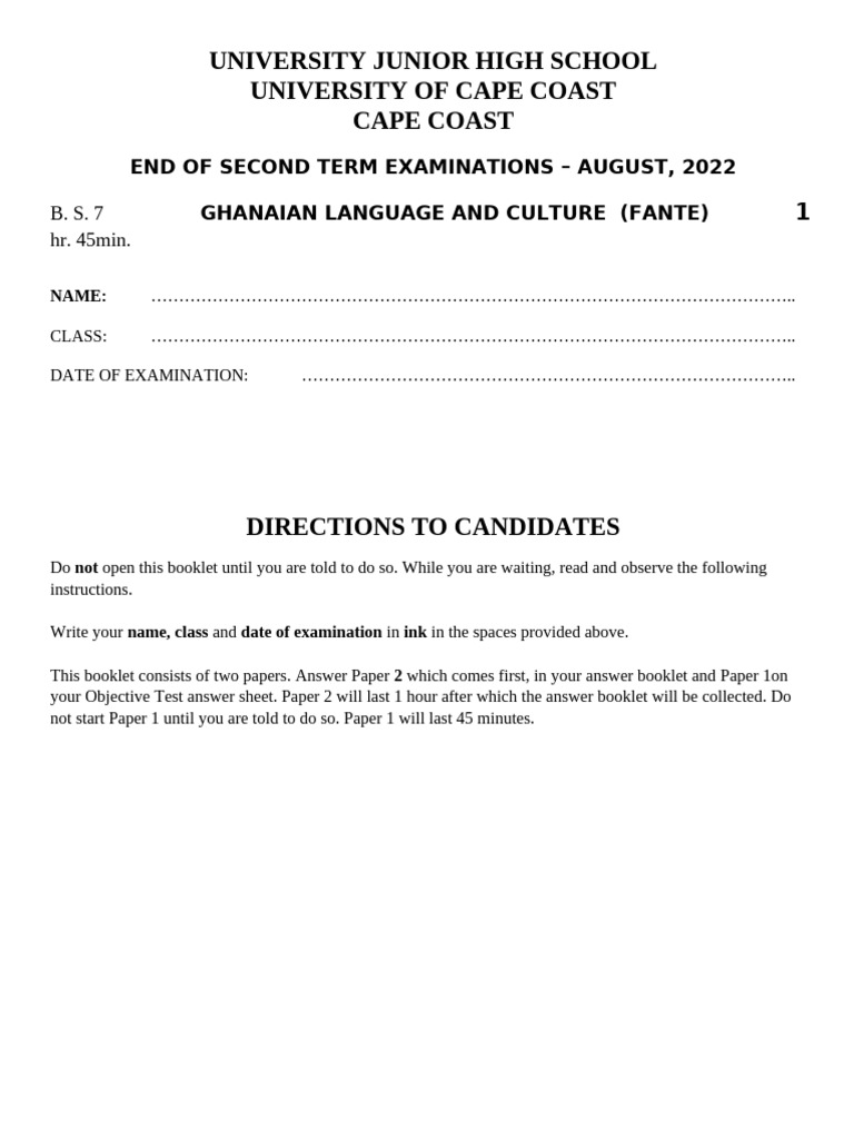 B S 7 Fante Second Term - 2022 | PDF