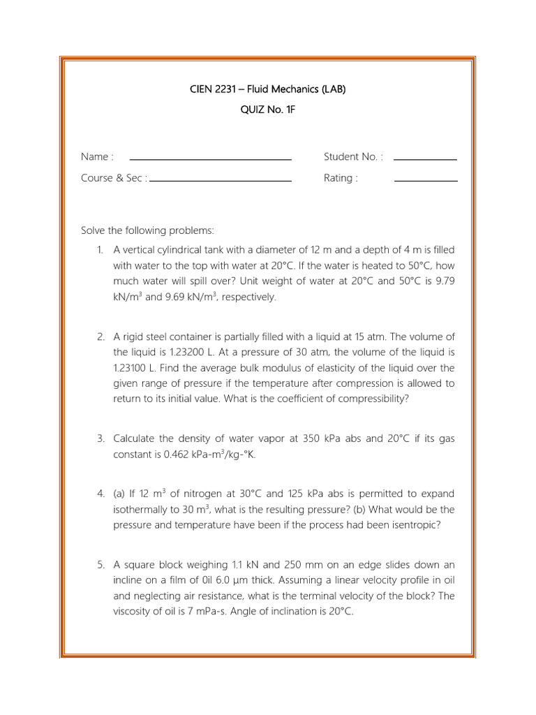 CIEN2231 - Fluid Mechanics (Lab) - Quiz No. 1F | PDF | Liquids | Pressure