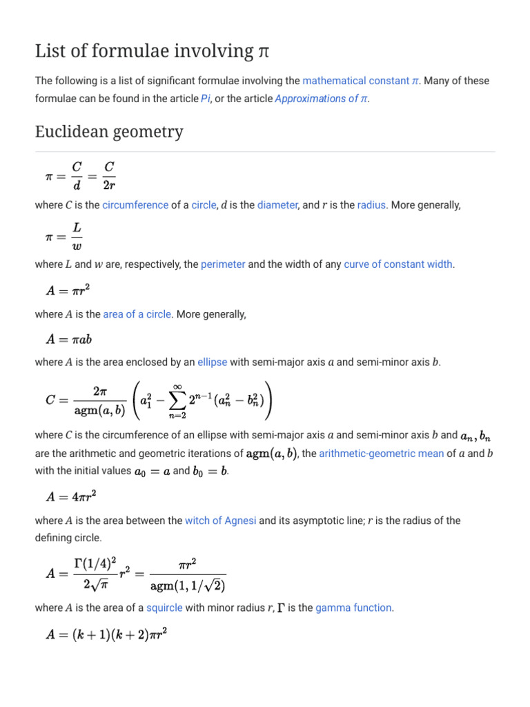 List of Formulae Involving π - Wikipedia | PDF | Area | Pi