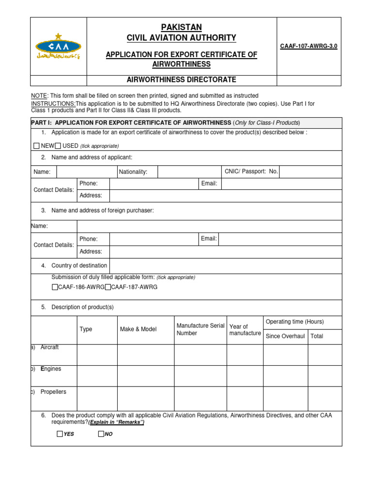 Caaf-107-Awrg-3.0-Application For Export Certificate of Airworthiness ...