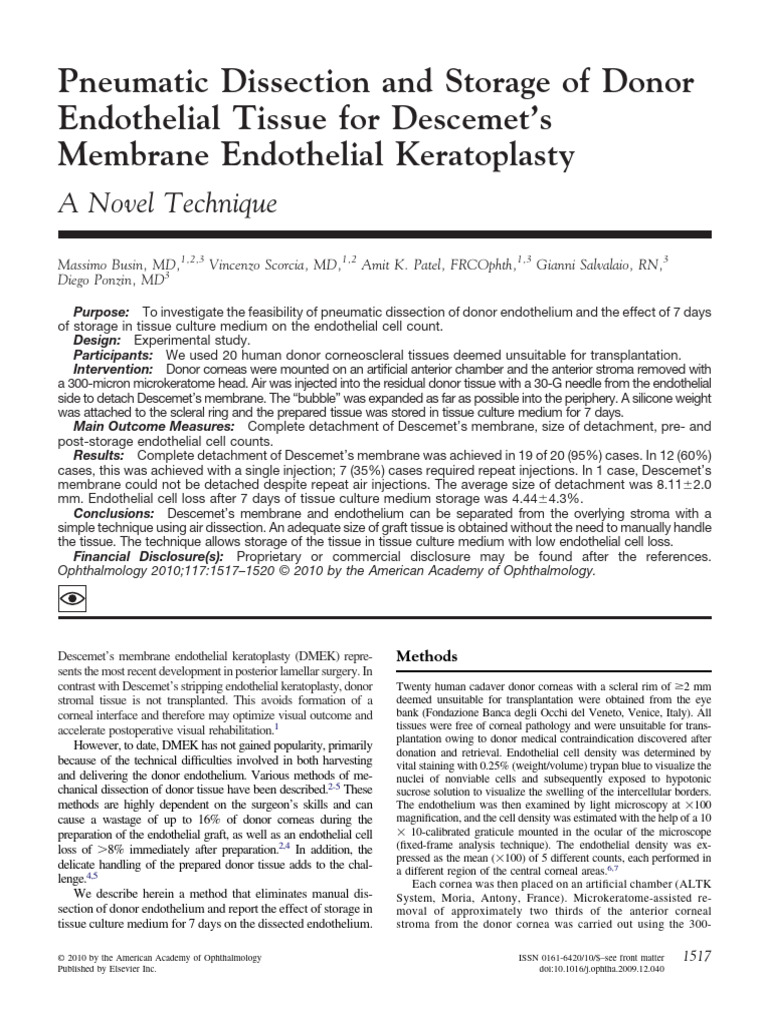 Pneumatic Dissection and Storage of Donor Endothelial Tissue For ...