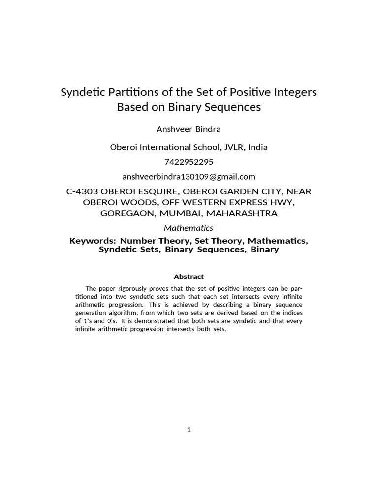 Syndetic Partitions of The Set of Positive Integers Based On Binary ...