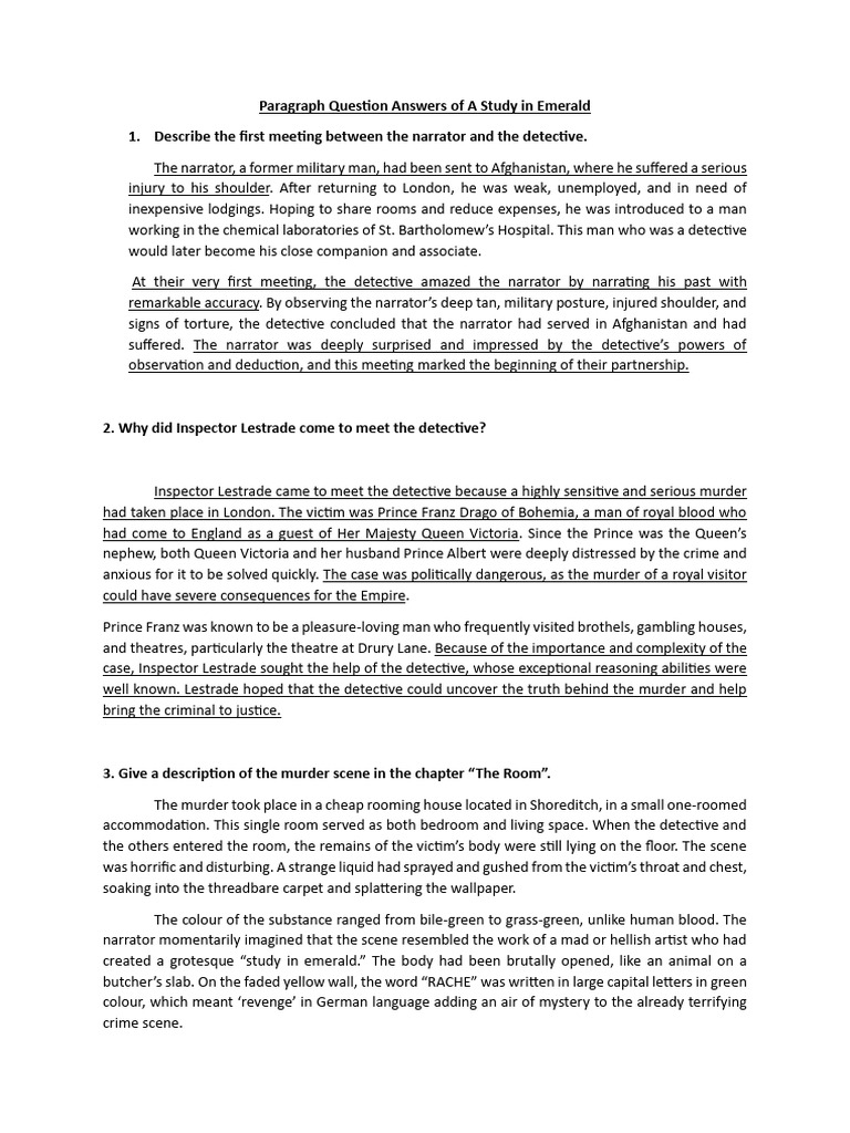 Paragraph Question Answers of A Study in Emerald | PDF