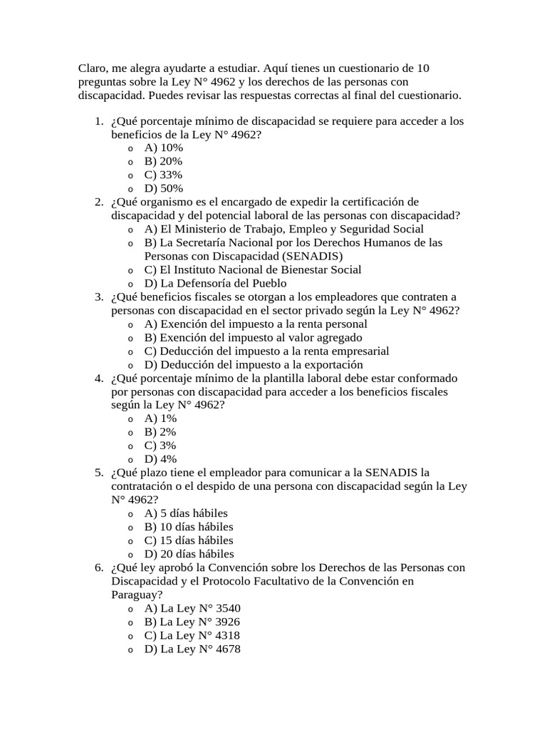 Cuestionario Sobre La Ley #4962 y Los Derechos de Las Personas Con ...