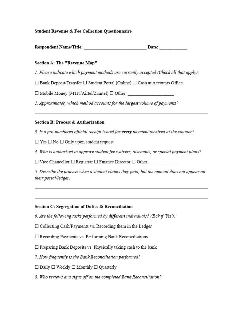 Student Revenue & Fee Collection Questionnaire | PDF