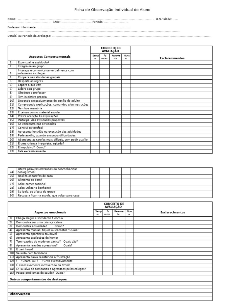 Observação Obs - Aluno - Professor | PDF | Ciências comportamentais ...