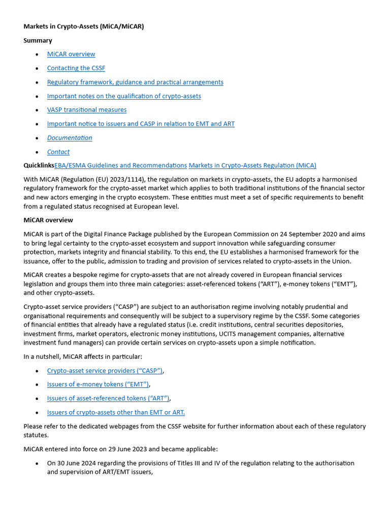 Markets in Crypto-Assets MiCA MiCAR | PDF | Regulation