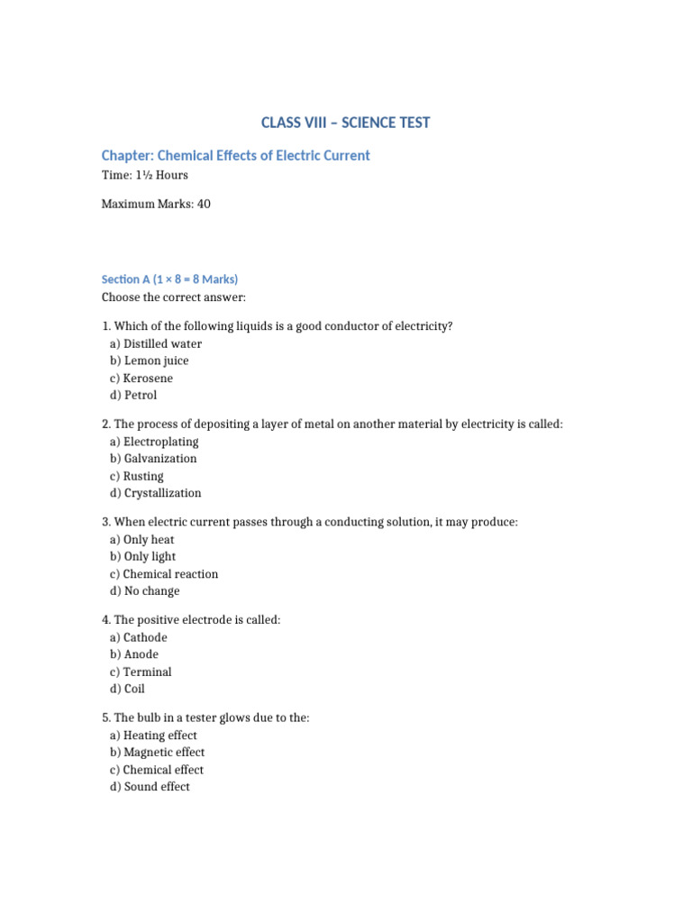 Class 8 Science Test Chemical Effects of Electric Current | PDF