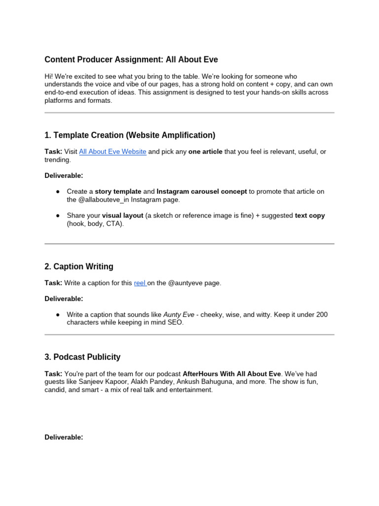Content Producer Assignment - All About Eve | PDF