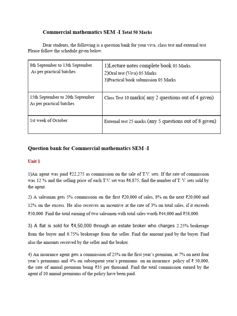 2025-26 Commercial Mathematics Unit - II SEM - I | PDF | Discounting ...