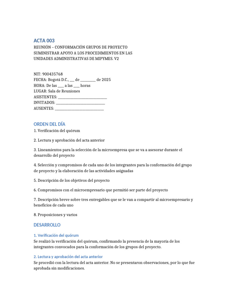 Acta 003 Proyecto MIPYMES | PDF