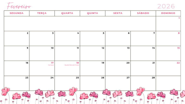 Calendário Mensal 2026 Com Feriados Floral Preto e Rosa | PDF