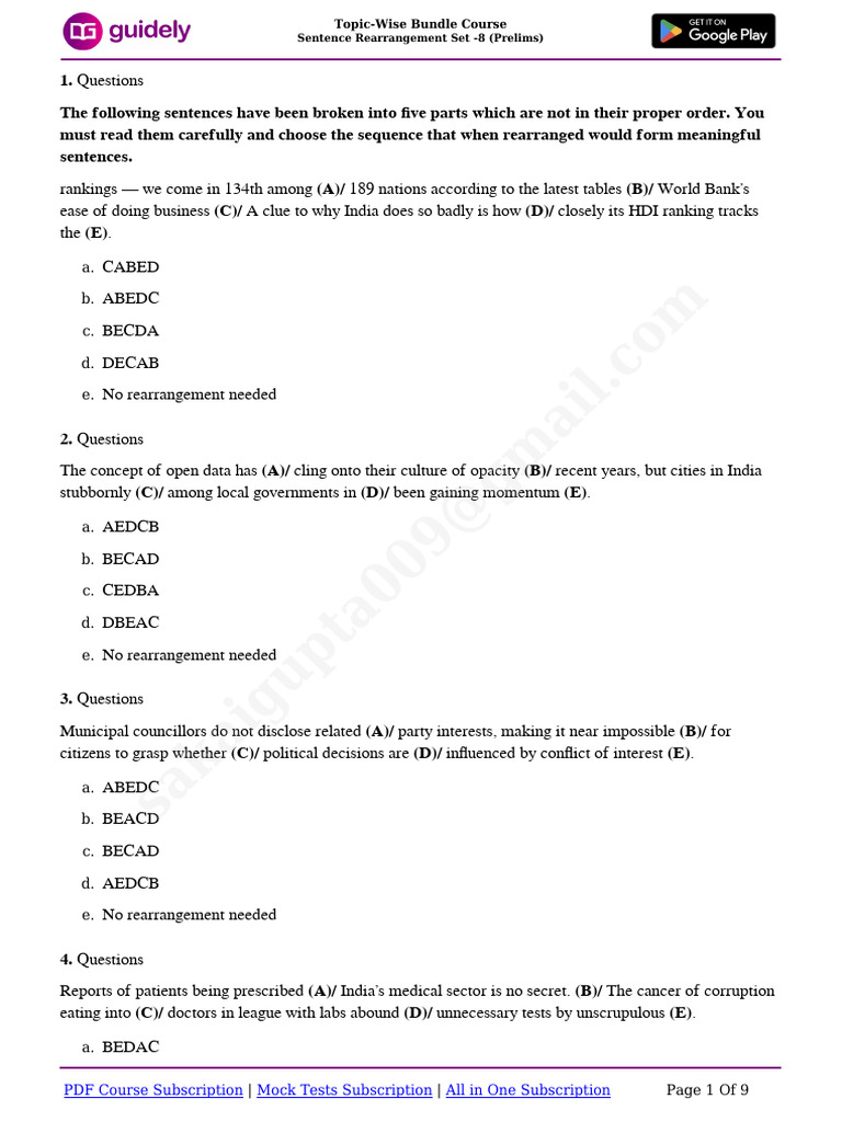 Sentence Rearrangement Set - 8 (Prelims) - 1770955696740 | PDF