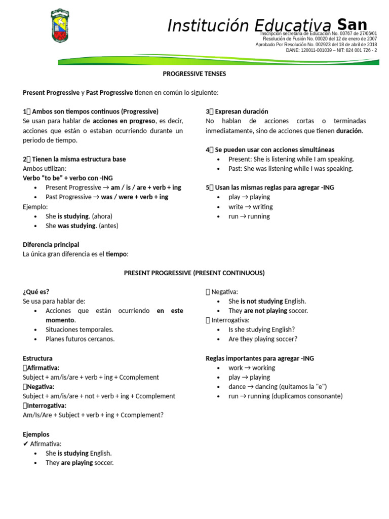Progressive Tenses - Grado 9 | PDF
