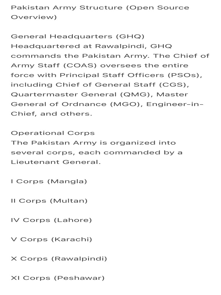 Pakistan Army Structure (Open Source Overview) 2 | PDF