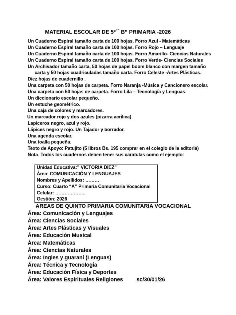 Material Escolar de Quinto Primaria 2026 | PDF