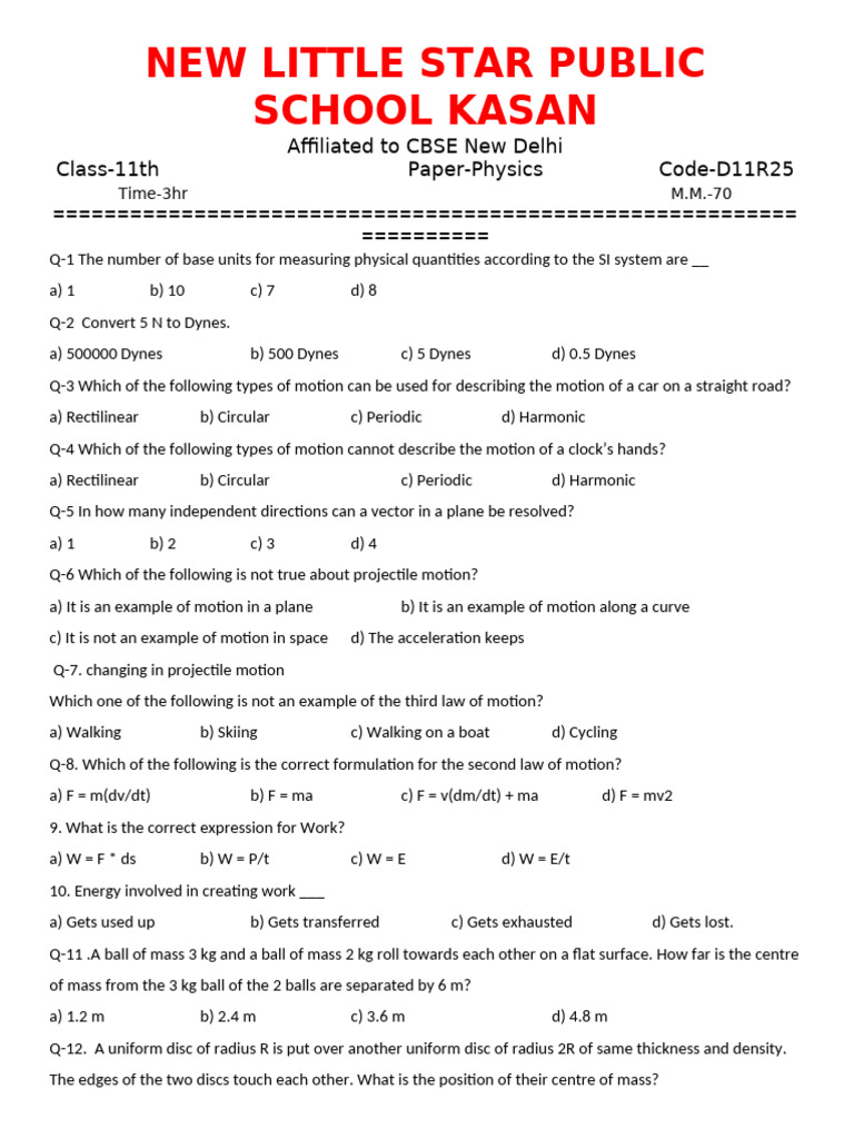 11th Physics - 20260216 - 223814 | PDF | Force | Mass