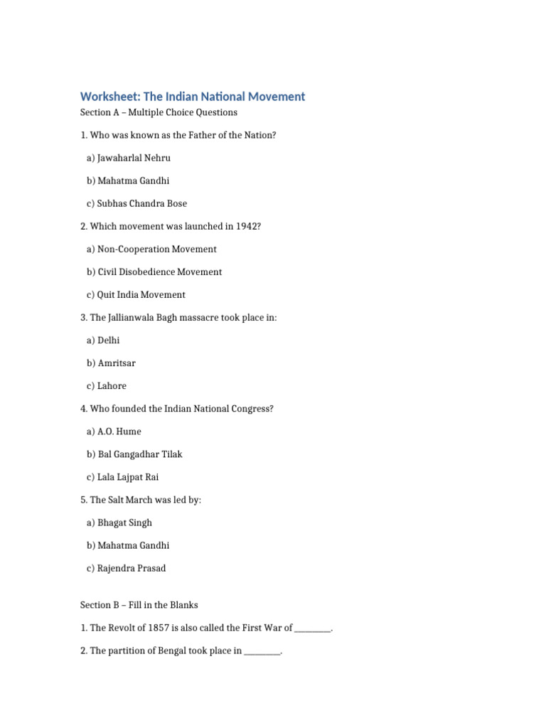 The Indian National Movement Worksheet | PDF