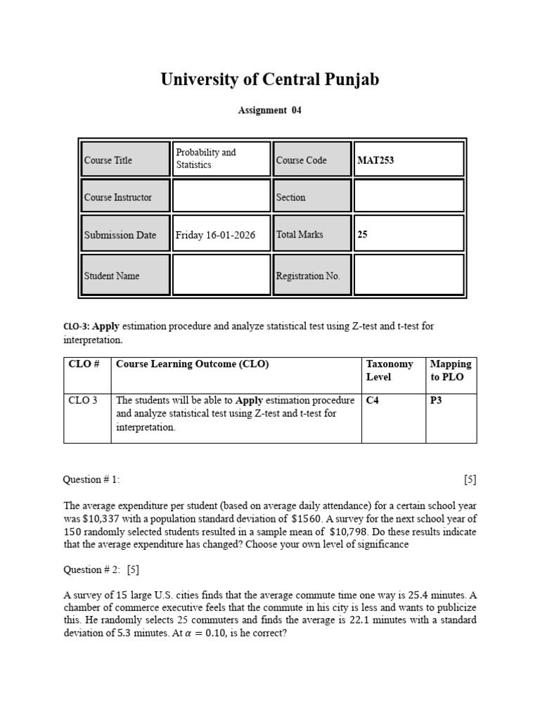 Week 19 Assignment 4 | PDF | Student's T Test | P Value