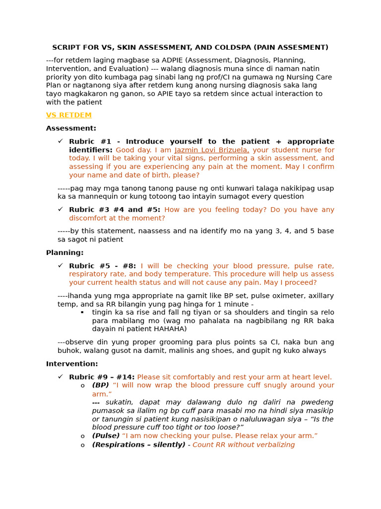 Script For Vs-Skin Assessment-Coldspa | PDF | Pain | Medicine