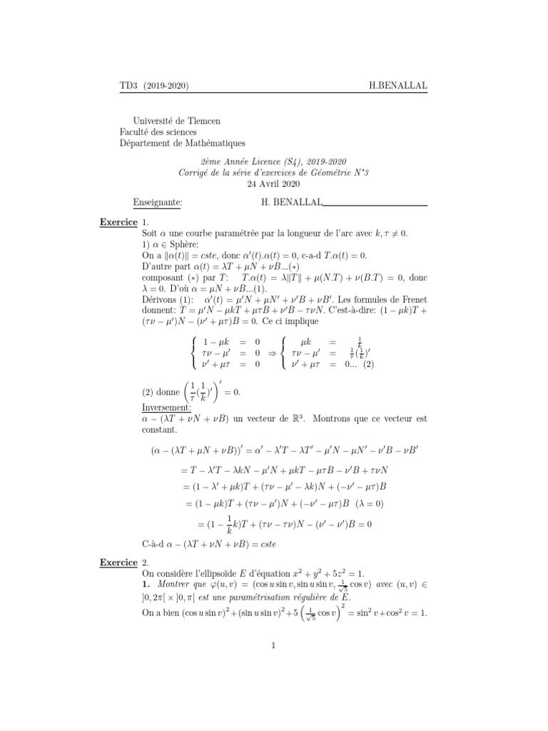 Solution TD3 Géométrie | PDF | Analyse mathématique | Géométrie