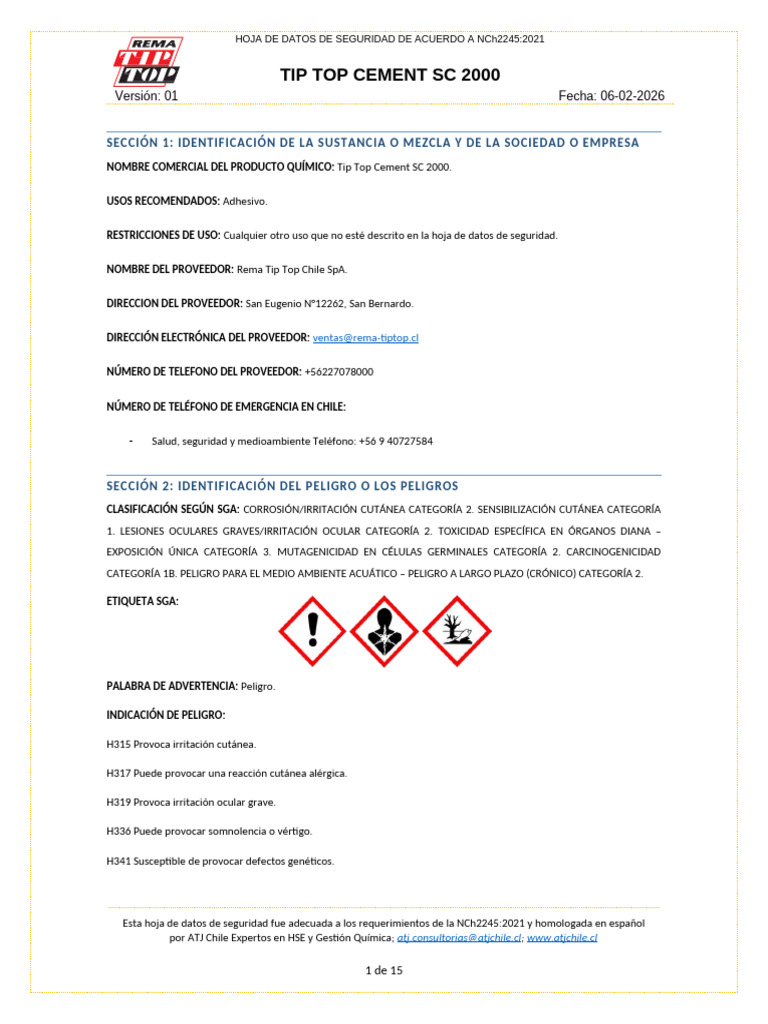 HDS Tip Top Cement SC 2000 NCh2245-2021 ATJ Chile | PDF | Toxicidad | Agua