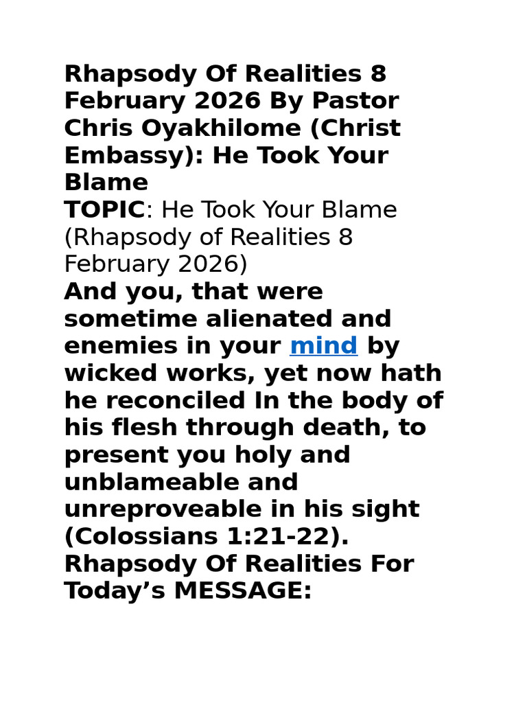 Rhapsody of Realities 8 February 2026 by Pastor Chris Oyakhilome | PDF ...