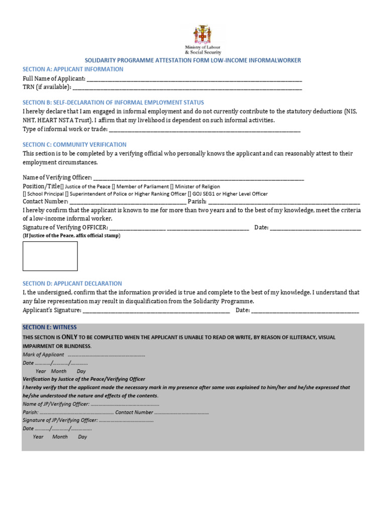 Attestation Form For Low Income Informal Workers | PDF | Justice Of The ...