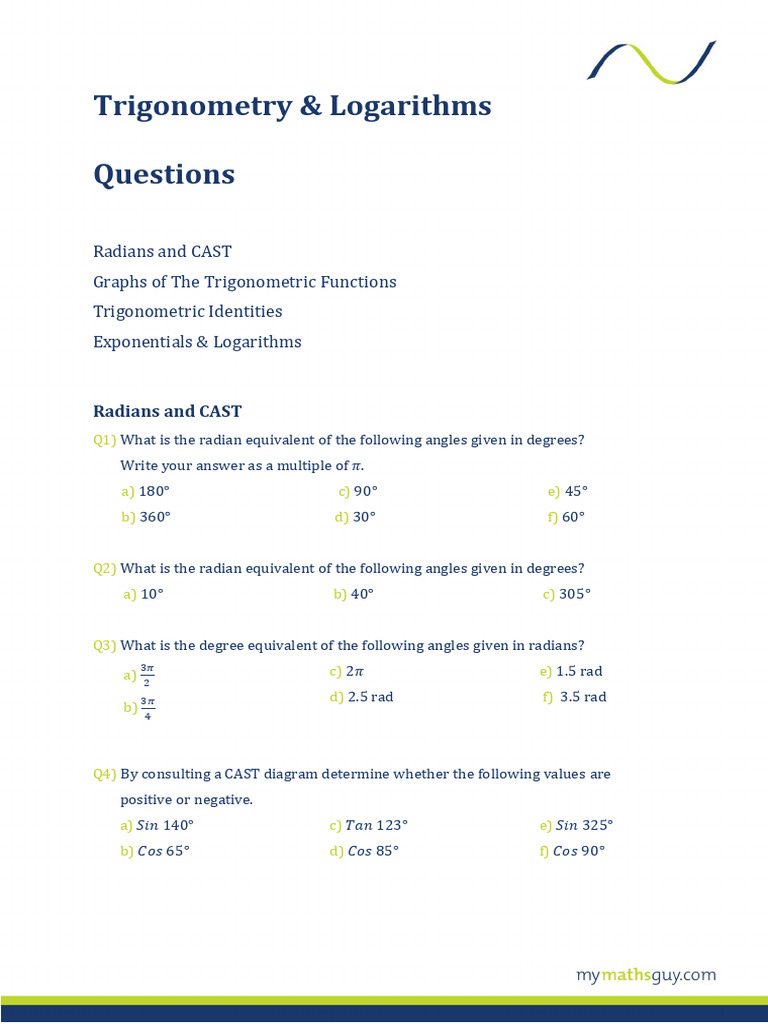 Precalculus Trigonometry Logarithms Questions | PDF | Trigonometry ...