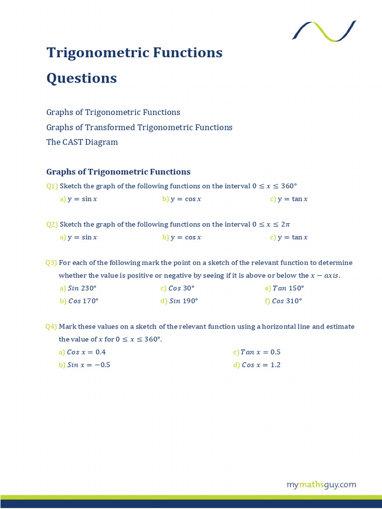 Trigonometry Trigonometric Functions Questions | PDF | Trigonometry ...
