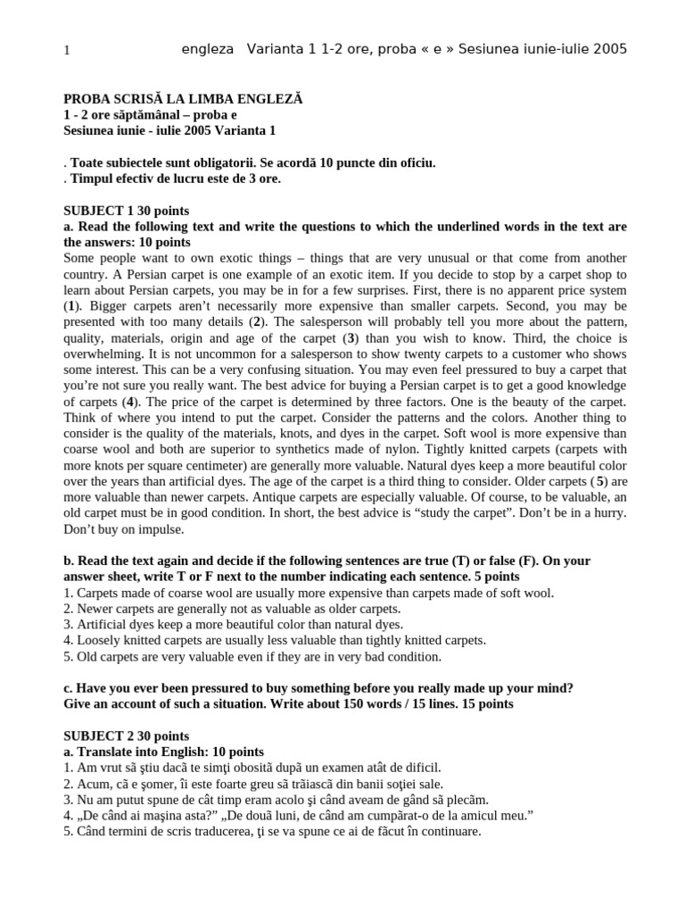 Bac Scris Eng 1-2 Ore Var1 2005 | PDF | Carpet