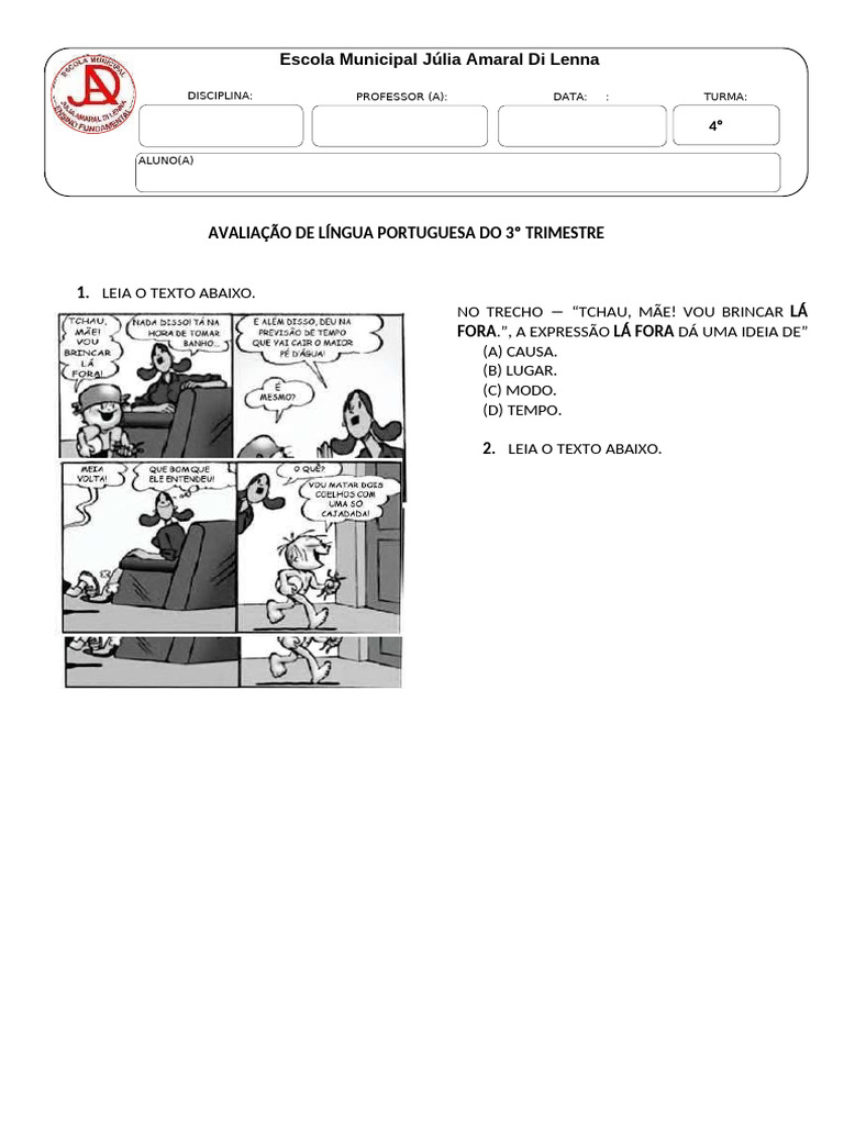 Avaliação de Língua Portuguesa Do 3º Trimestre | PDF | Canto