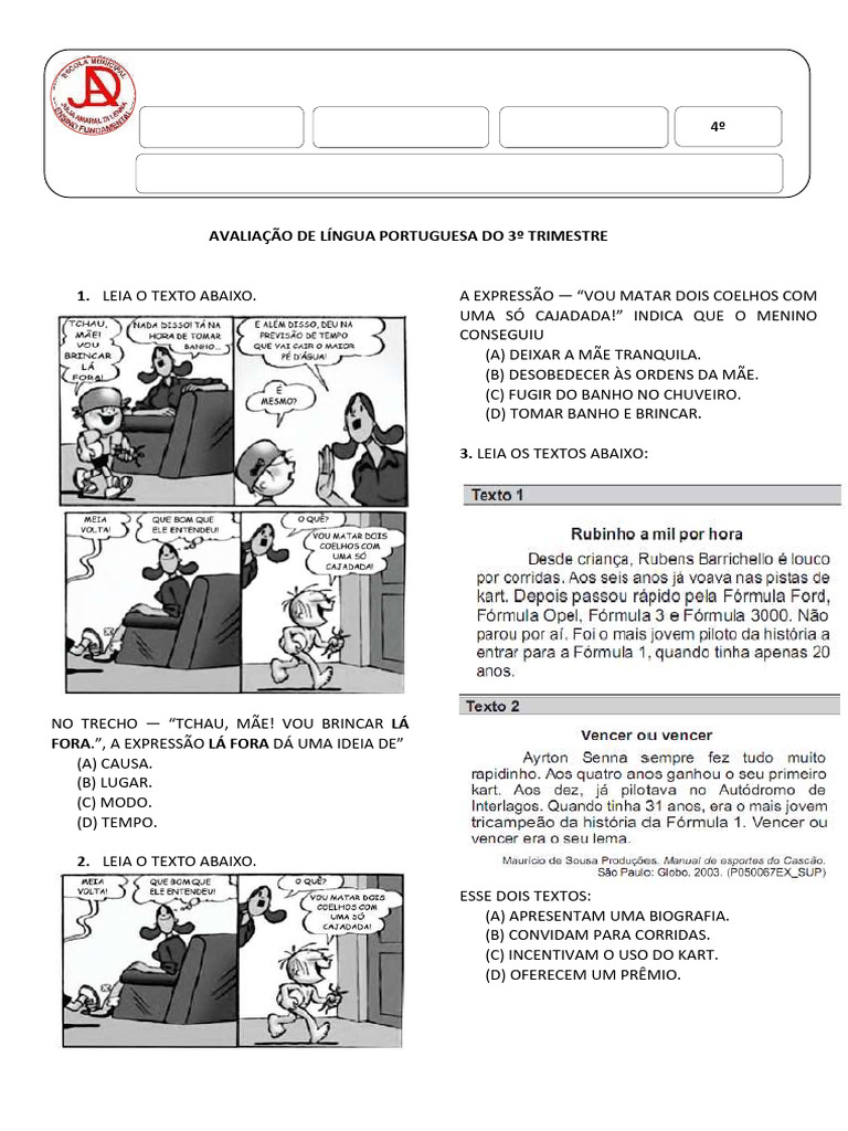 Avaliação de Língua Portuguesa Do 3º Trimestre | PDF